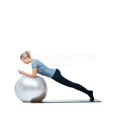 Buy stock photo Woman, ball or stretching in studio space for workout, wellness or mobility exercise on white background. Legs, training equipment or athlete fitness for core challenge, balance or flexibility mockup
