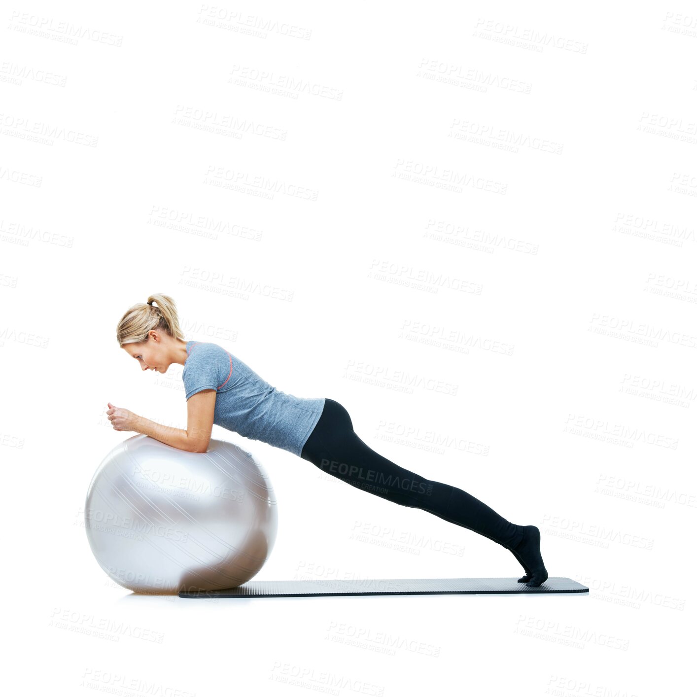 Buy stock photo Woman, ball or stretching in studio space for workout, wellness or mobility exercise on white background. Legs, training equipment or athlete fitness for core challenge, balance or flexibility mockup