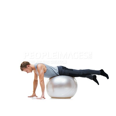 Buy stock photo Man, fitness and exercise ball for workout, training or health and wellness against a white studio background. Active male person or athlete on round object for yoga or pilates on mockup space