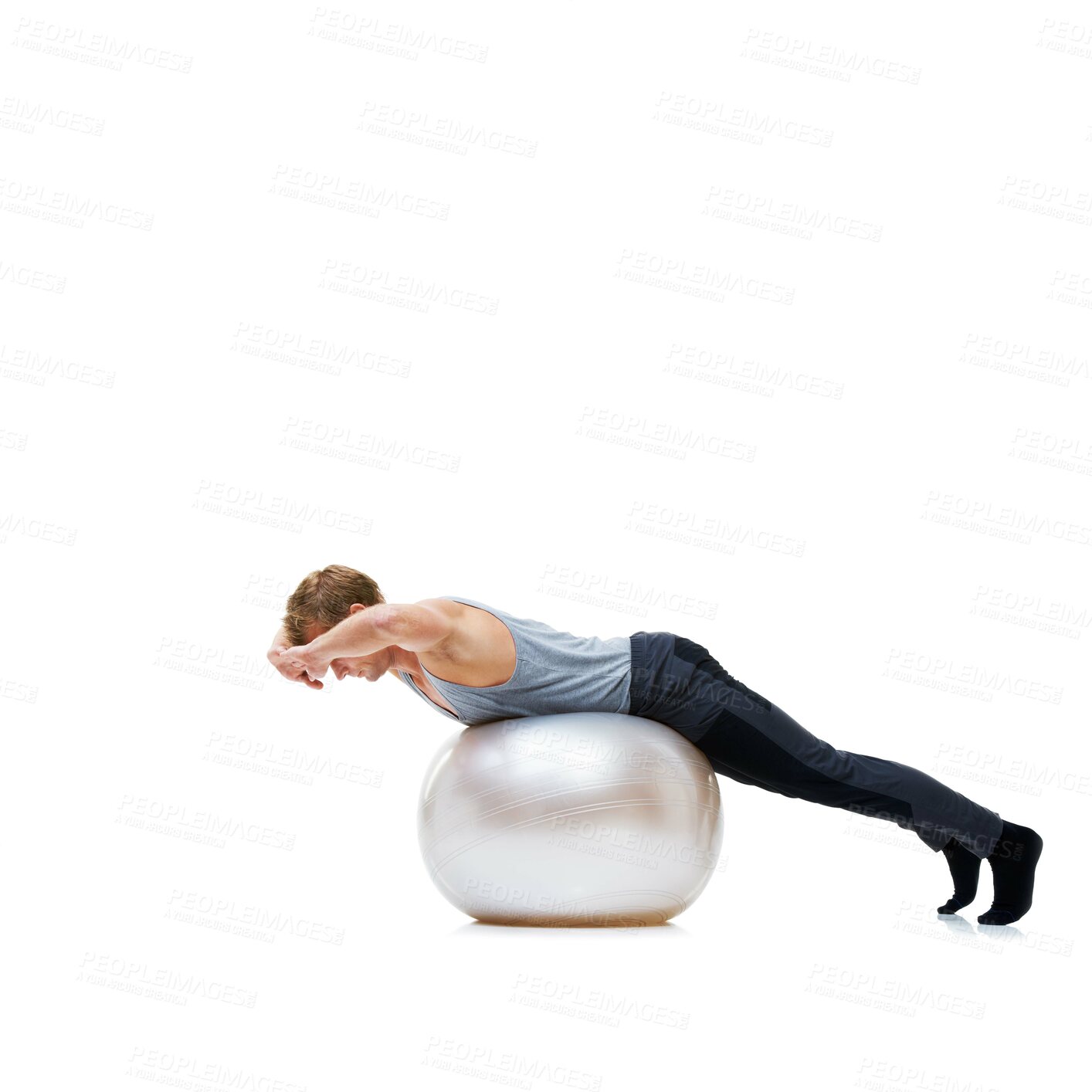 Buy stock photo Yoga ball, sports and man in a studio with a body, health and wellness exercise for balance. Fitness, equipment and young male athlete with stretching workout or training isolated by white background