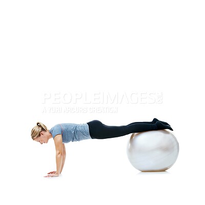 Buy stock photo Yoga ball, fitness and woman in studio with body, health and wellness exercise for balance. Sports, equipment and young female athlete with stretching workout or training isolated by white background