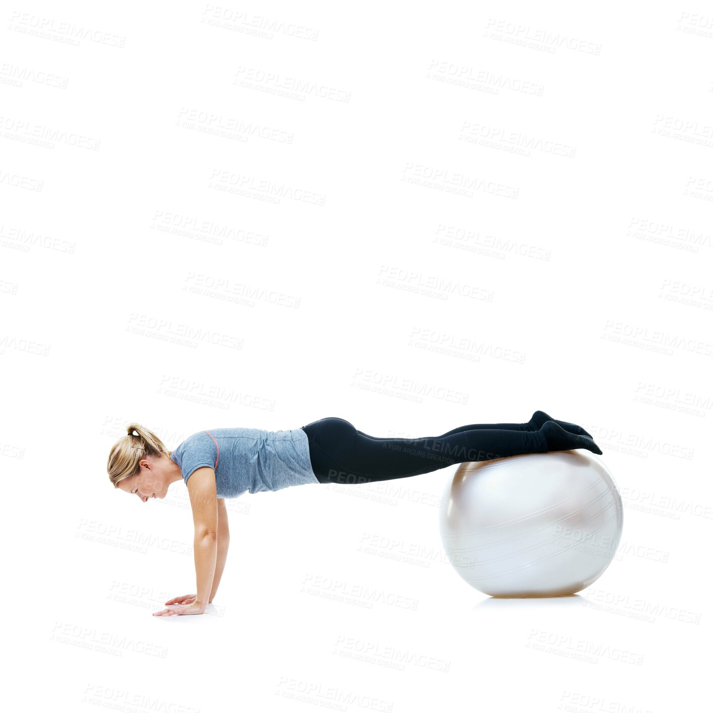 Buy stock photo Yoga ball, fitness and woman in studio with body, health and wellness exercise for balance. Sports, equipment and young female athlete with stretching workout or training isolated by white background