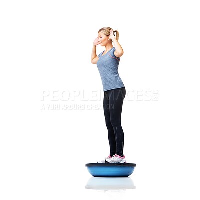 Buy stock photo Woman, ball and standing in balance for fitness or exercise on a white studio background. Young active female person or athlete on half round object in training, health and wellness on mockup space