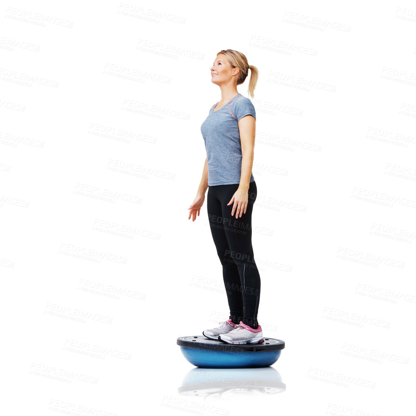 Buy stock photo Woman, ball and standing in fitness for balance, exercise or workout on a white studio background. Young active female person or athlete on half round object for health and wellness on mockup space