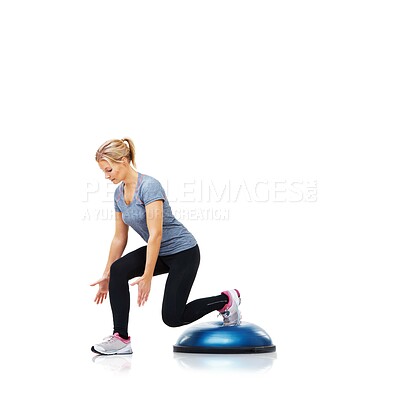 Buy stock photo Athlete, balance ball or legs exercise in workout for abs or core development isolated on white background. Woman, training equipment or fitness for studio mockup space, balance challenge or wellness