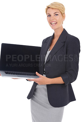 Buy stock photo Business woman, laptop screen and portrait in studio for presentation, human resources software and job information. Professional worker on computer mockup space for career FAQ on a white background
