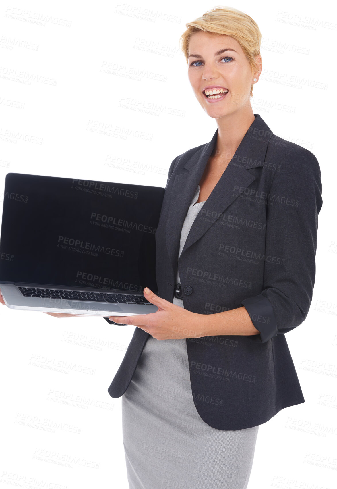 Buy stock photo Business woman, laptop screen and portrait in studio for presentation, human resources software and job information. Professional worker on computer mockup space for career FAQ on a white background