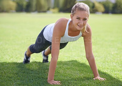 Buy stock photo Women, portrait and push ups on grass for fitness with exercise, training and workout on sports field. Athlete, person and confidence on ground with physical activity for healthy body and wellness