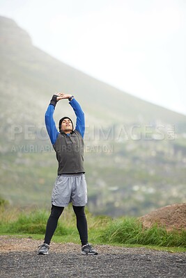 Buy stock photo Man, stretching and running for fitness outdoor, mountain and nature with runner and start exercise. Workout, training and warm up in road, ready for race or cardio with endurance for health