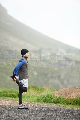 Buy stock photo Man, stretching legs and fitness outdoor, running on mountain and nature with runner and start exercise. Workout, training and warm up in road, ready for race or cardio with endurance for health