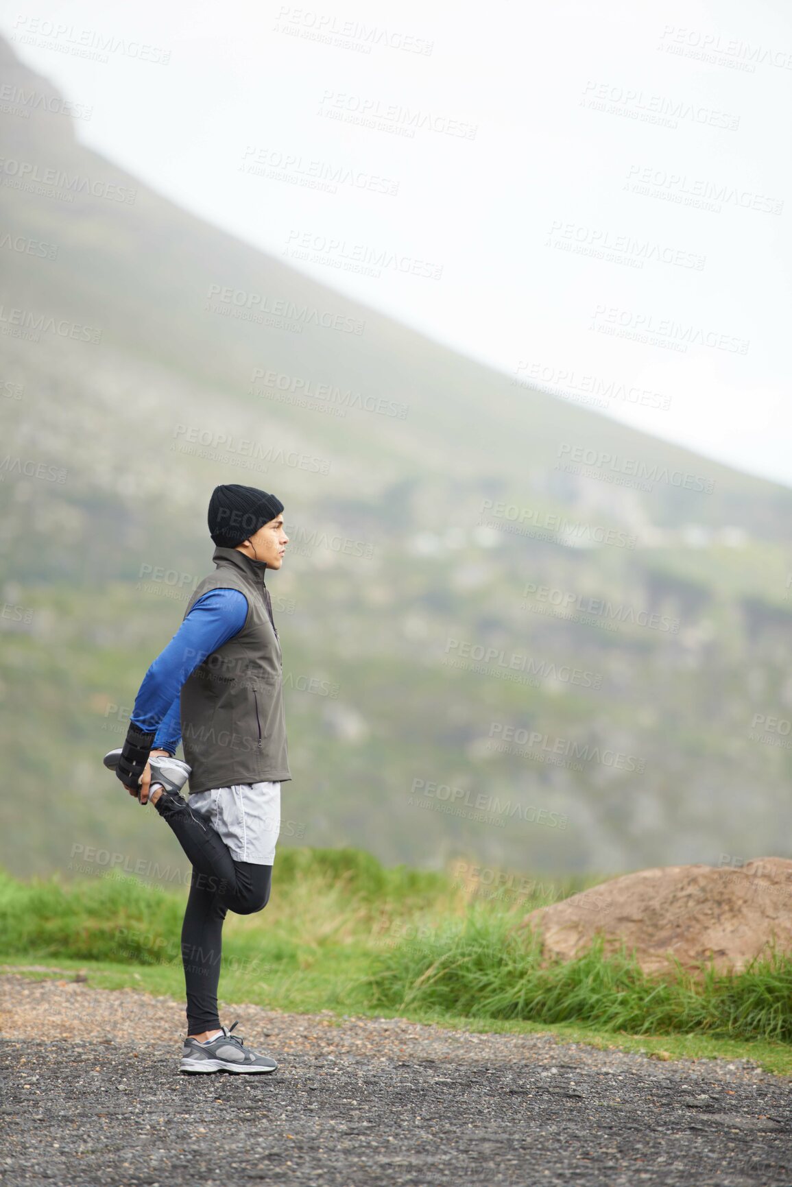 Buy stock photo Man, stretching legs and fitness outdoor, running on mountain and nature with runner and start exercise. Workout, training and warm up in road, ready for race or cardio with endurance for health