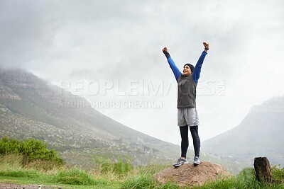 Buy stock photo Athlete, mountain peak space or hands up for celebration in training, exercise or workout success. Excited man, sky mockup or hiker with fun energy, gratitude or freedom in nature for fitness goals