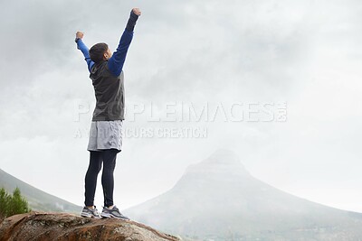 Buy stock photo Man, hiking and celebrate on mountain peak and back with progress, exercise and workout. Hiker, fitness and climber for training, victory and success to explore, hobby and health in outdoors