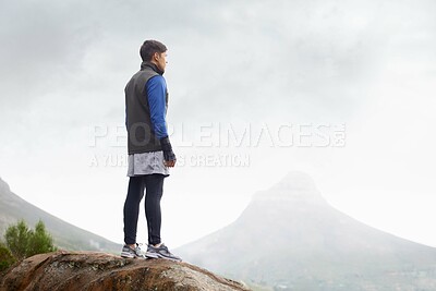 Buy stock photo Man, mountain peak space or thinking for adventure, mockup or trail in exercise or workout. Hiker, sky or climber training in nature to explore hiking for wellness, fitness or heart health outdoors