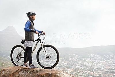 Buy stock photo Fitness, nature and a man on a mountain with a bike for training, workout and exercise. Morning, health and a male biker on a cliff for biking, cycling or travel transportation with a view and mockup