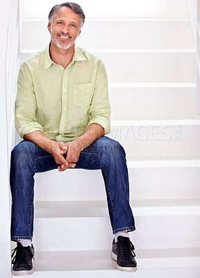 Buy stock photo Portrait, mature man and smile in office by stairs, career pride and designer in mockup. Person, happy face and senior entrepreneur with relax in start up company and enterprise by white staircase