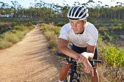 Buy stock photo Man, cyclist and mountain bicycle for resting, training and energy for rider, thinking and sport. Outdoor, hobby and fitness in nature, trail and active for wellness, helmet and physical workout