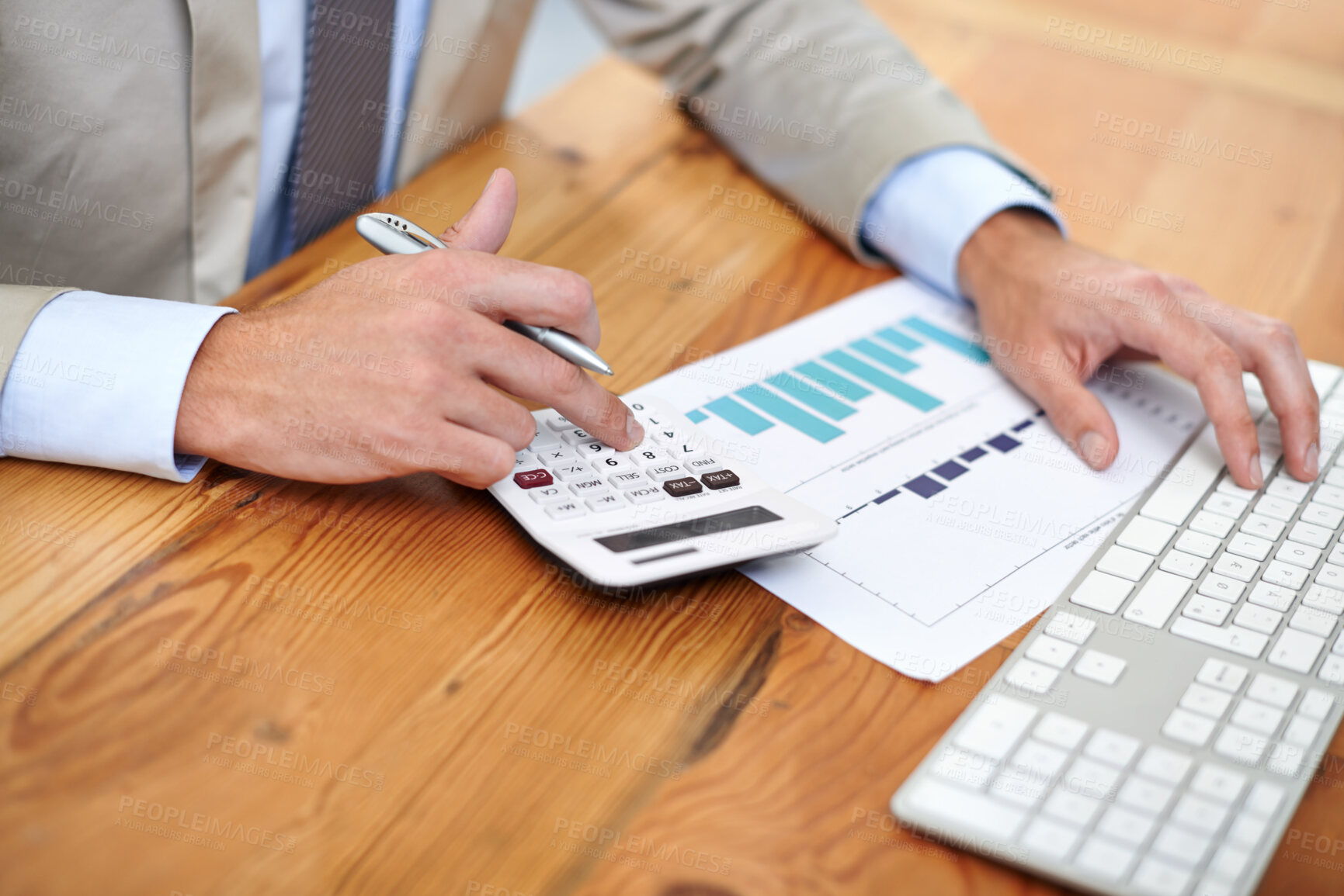 Buy stock photo Hands, closeup and man with calculator, charts and keyboard with planning, budget and documents. Male person, accountant and employee with paperwork, economy and inflation with investment and taxes