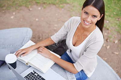 Buy stock photo College student, studying and portrait of woman in park with book, laptop and coffee on campus. University, person and learning a language or research a project outdoor in garden with happiness