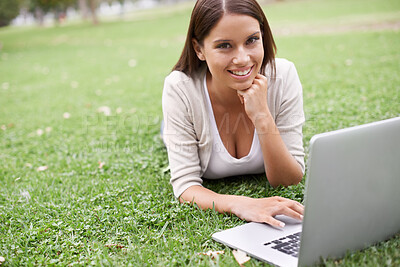 Buy stock photo College student, portrait and woman with laptop in park on campus with research, project and education. University, person and studying on computer outdoor on lawn, grass or garden with happiness