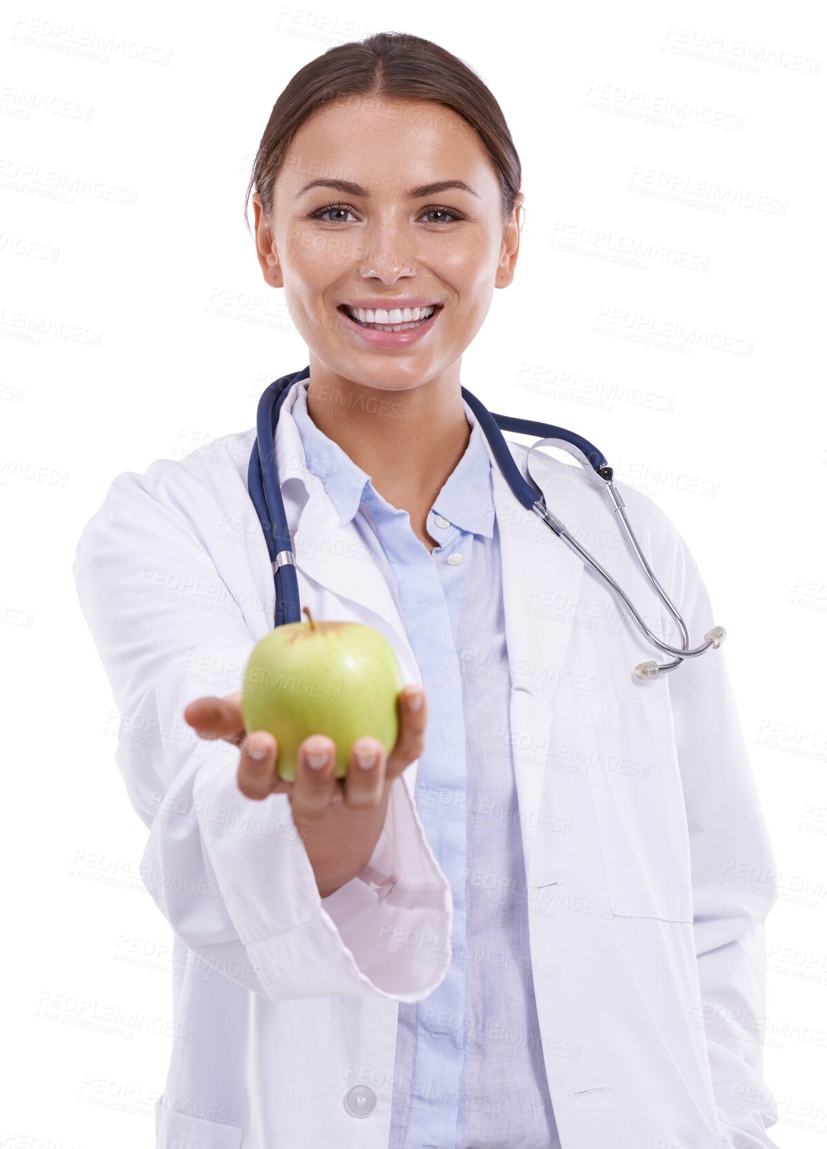 Buy stock photo Doctor, woman and portrait with apple in studio for vitamin c benefits, healthcare and detox on white background. Happy dietician, nutritionist and medical worker with fruits, healthy food and fiber 