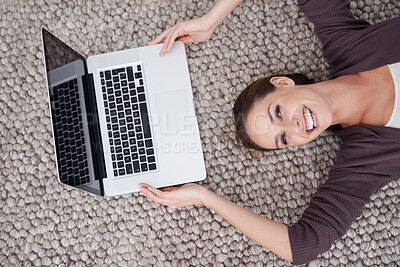Buy stock photo Woman, laptop and happy on floor, above and portrait to relax on break with remote work from home. Person, freelance worker and computer on carpet, rest and smile for blog writing job in apartment