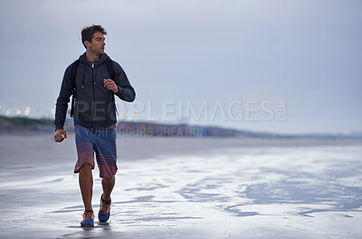 Buy stock photo Running, beach and man with vacation, health and exercise with nature, energy and ocean. Person, runner and guy with fun, water and sunset with wellness and explore with workout, cardio and Miami.