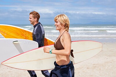 Buy stock photo Surfer couple, running and board at beach with smile, training or fitness on vacation in summer. Man, woman and surfboard for wellness, health or happy by ocean, waves or freedom on holiday in nature