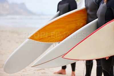 Buy stock photo Friends, surfboard and ocean with surfing, fitness and exercise by the sea and beach. Group, outdoor and surfer with travel, training and water on vacation and holiday in Miami with freedom on trip
