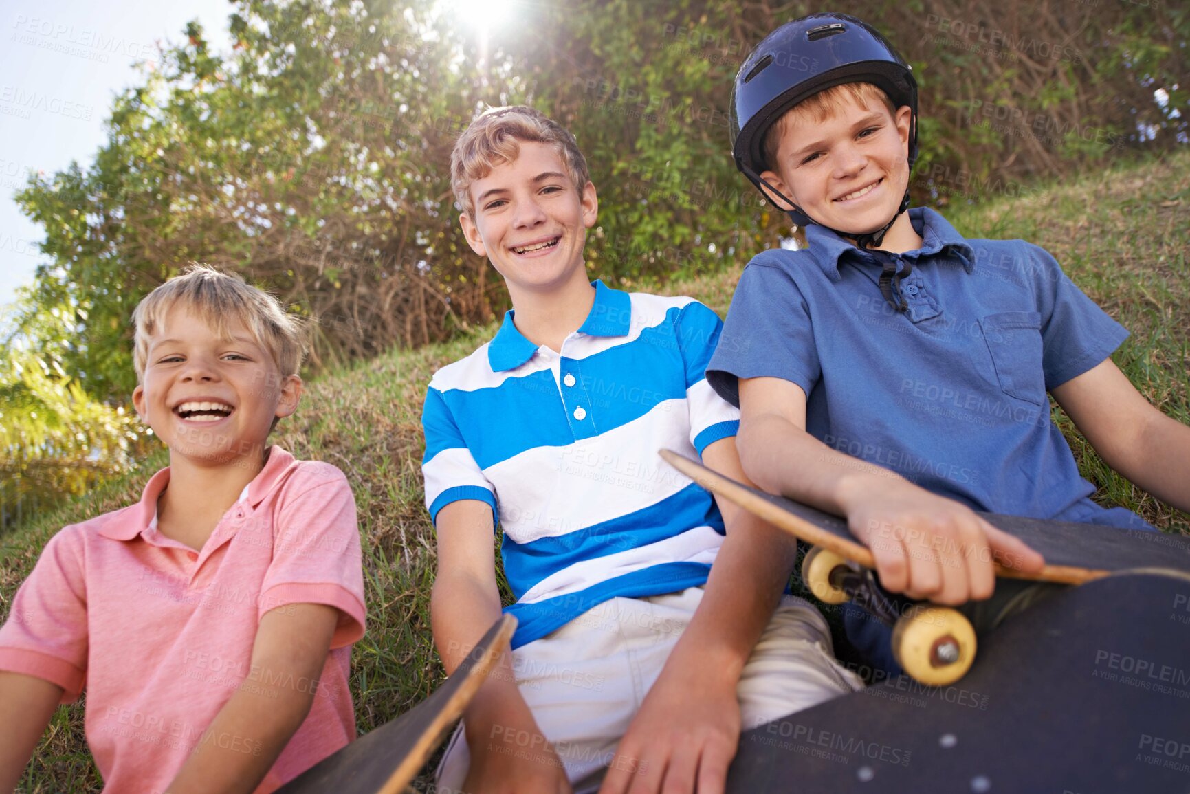 Buy stock photo Friends, children and skateboard in outdoor portrait, brothers and smiling for sports. Happy siblings, laughing and humor on adventure, bonding and funny joke or playing on vacation or holiday