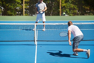 Buy stock photo Tennis, game and men with fitness, back and competition with training and challenge with a match. Players, friends and guys with rackets and court with workout and sunshine with sports and ball