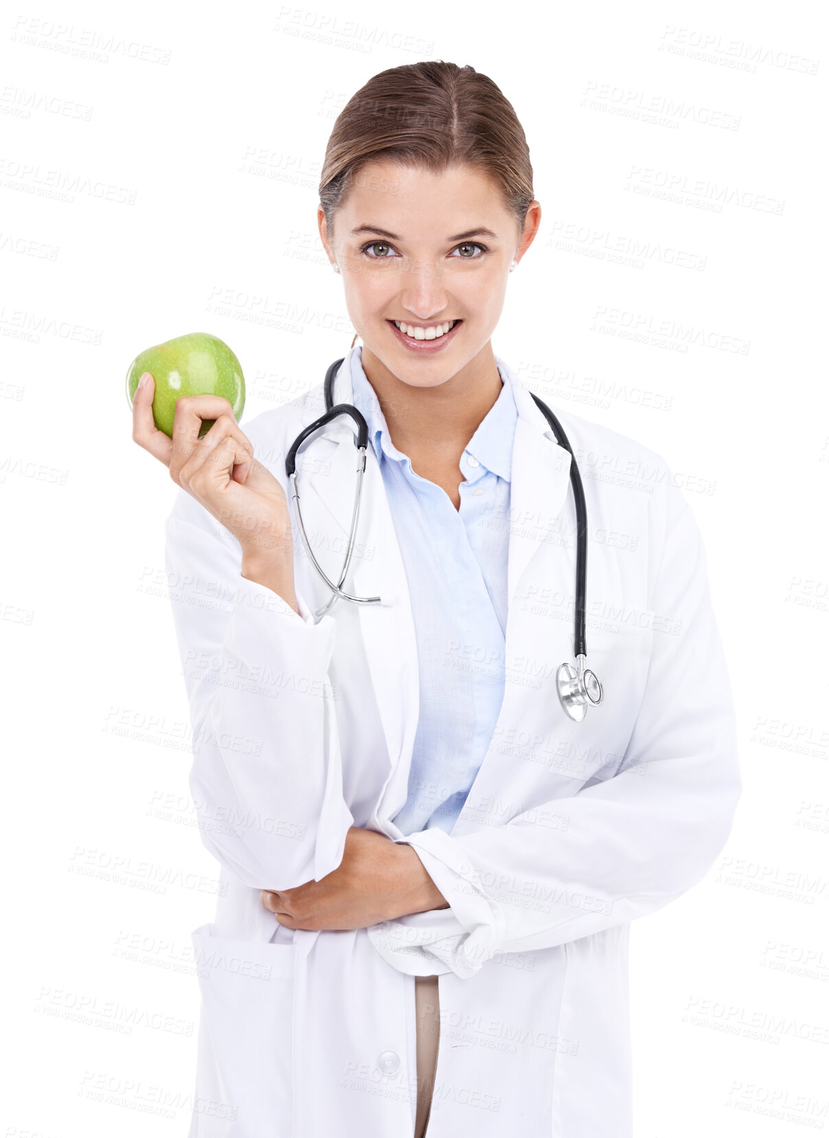 Buy stock photo Apple, happy woman or doctor in portrait for wellness, detox or benefits isolated on white background. Medical professional, smile or nurse in studio to promote healthcare, healthy diet or nutrition