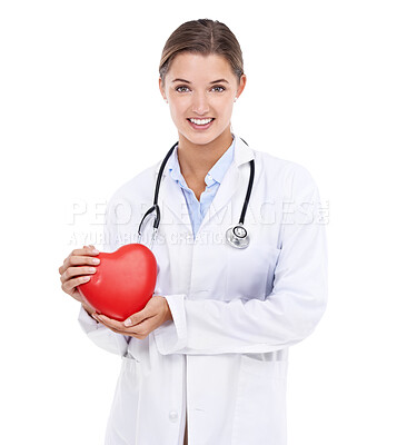Buy stock photo Happy woman, portrait or nurse with heart or smile in studio on white background for help or wellness. Red shape, proud or doctor with medical healthcare, support or kindness for love symbol or sign