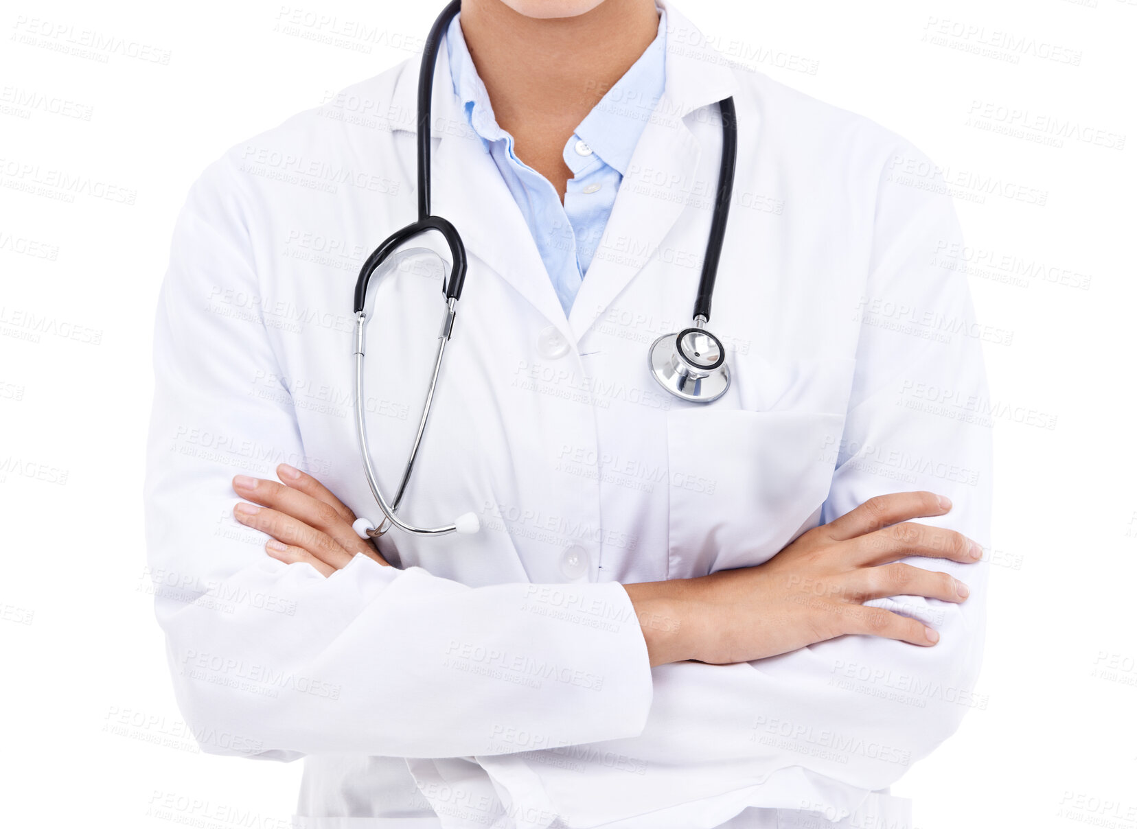 Buy stock photo Doctor, hands or arms crossed in studio with confidence in medical career as cardiologist. Proud person, coat or body of medicine consultant with name tag or healthcare isolated on white background 