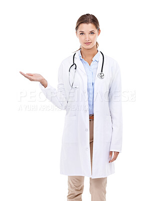 Buy stock photo Palm of woman, advertising or portrait of doctor with mockup space isolated on white background. Help, offer or hand of nurse in studio to show medical healthcare information, service or advice