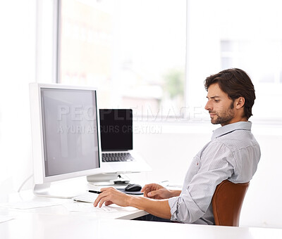 Buy stock photo Research, computer and business man in office for planning, agenda and professional feedback. Online, website and document with male employee reading in startup agency for company information 