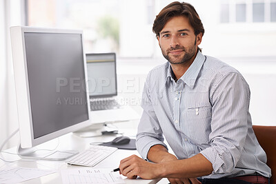 Buy stock photo Portrait, computer and web design with business man at desk in office for planning or project. Creative, research or information with confident young employee working on pc in design workplace