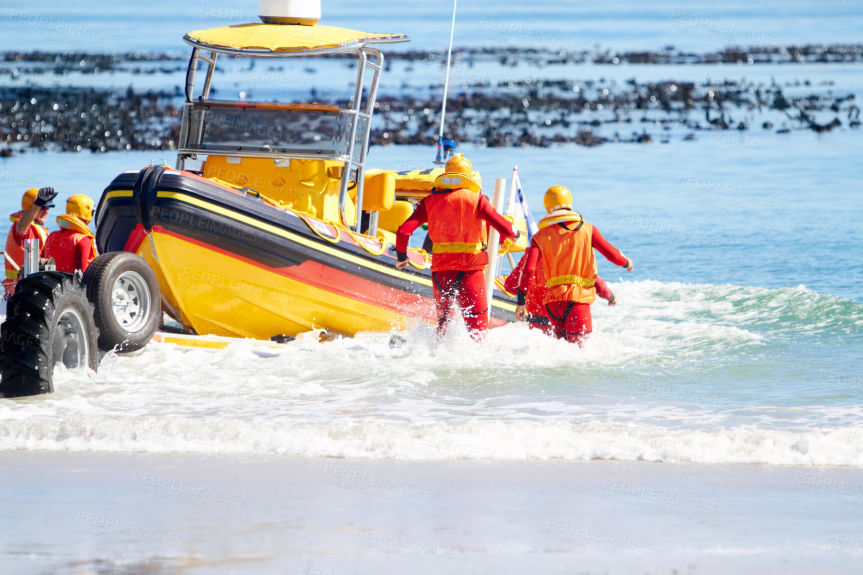 Buy stock photo Shot of a group of search and rescue personnel on maneuvers