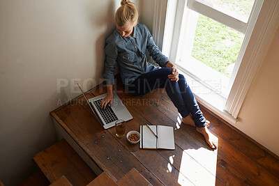 Buy stock photo Woman, check laptop for education and elearning, online course for university, studying or research for project with top view. Virtual, college student learning at home for academic development