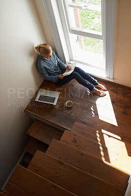Buy stock photo Woman, freelancer and window or notes in book, remote work and laptop on floor for research. Female person, top view and writing ideas or planning in journal, inspiration and brainstorming at home