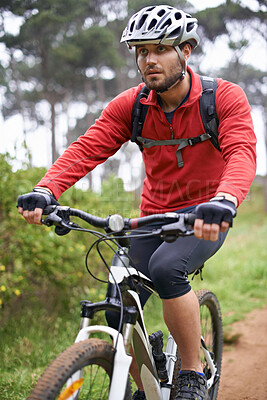 Buy stock photo Fitness, mountain bike and man cycling in countryside for adventure, discovery or off road sports hobby. Exercise, health and young cyclist with helmet on bicycle in nature for training or workout