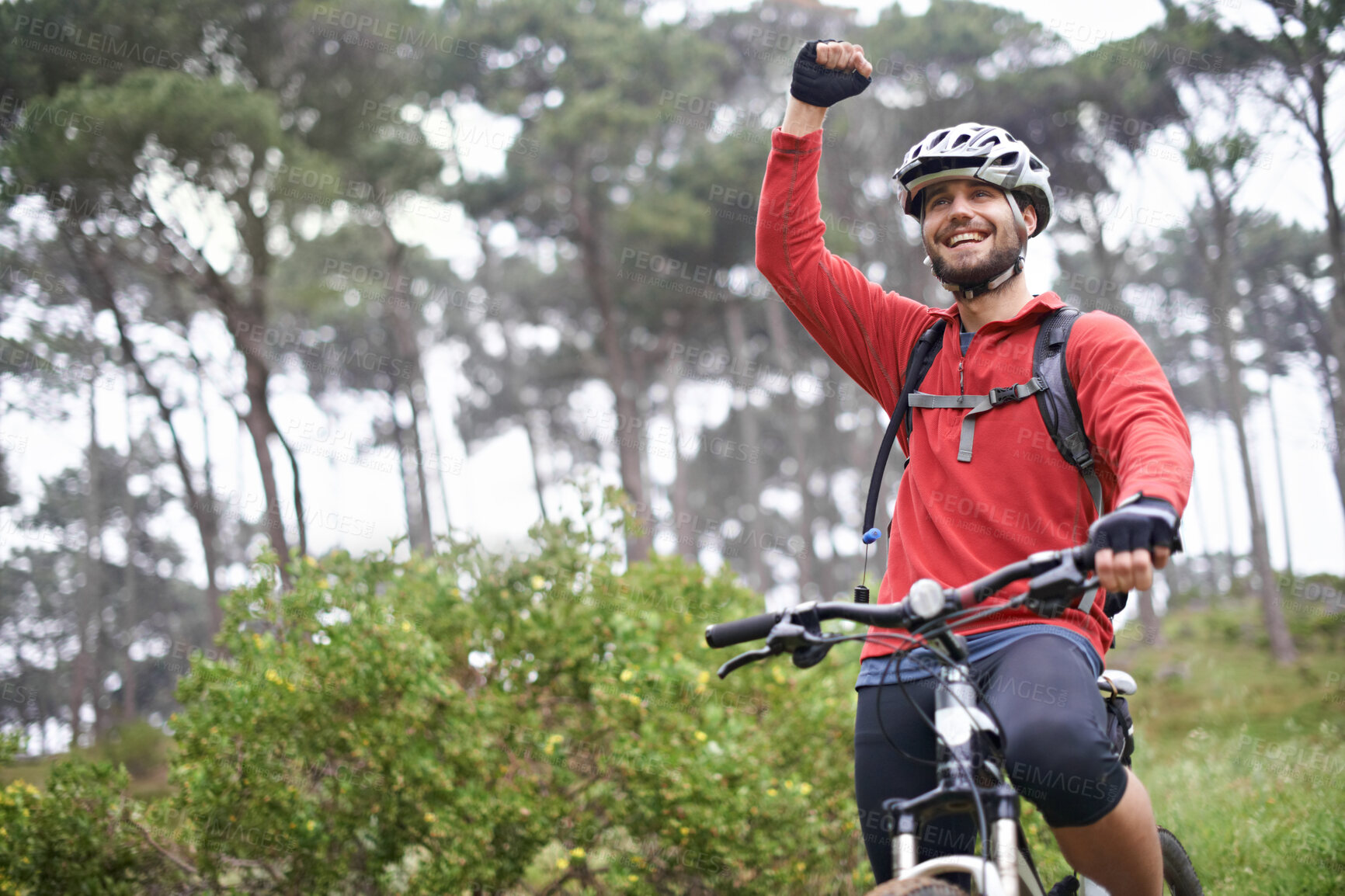 Buy stock photo Fitness, success and man cycling in countryside for adventure, discovery or off road sports hobby. Exercise, winner and celebration with young cyclist on bike in nature for cardio training or workout