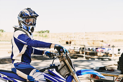 Buy stock photo Dirtbike, extreme sport and portrait for man in helmet for competition, race and games with safety. Person, motorcycle and outdoor for contest, motor cross and fast transport with speed in desert