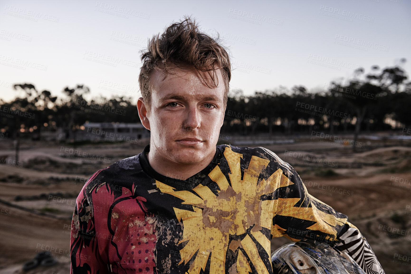 Buy stock photo Sports, dirt and portrait of man biker on offroad in gear for race, challenge or competition. Serious, adventure and face of male athlete motorcyclist with mud at action motorcross rally outdoor.