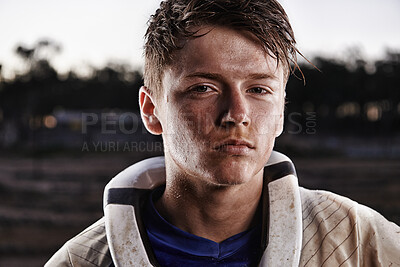 Buy stock photo Sports, dirt bike and portrait of man on offroad in gear for race, challenge or competition. Serious, adventure and face of male athlete motorcyclist with mud at action motorcross rally outdoor.