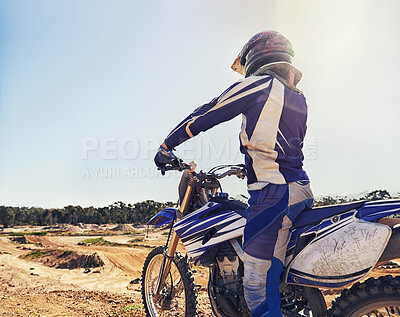 Buy stock photo Motorbike, sports and danger with back view of biker person outdoor, sunl with uniform for riding on dirt track. Speed, power and risk with motorcycle, transportation and adventure for adrenaline