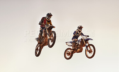 Buy stock photo Jump, race and men on dirt bike with adventure, adrenaline and speed in stunt competition, Extreme sport, trick and athlete on off road motorcycle for challenge, power or danger on action course.