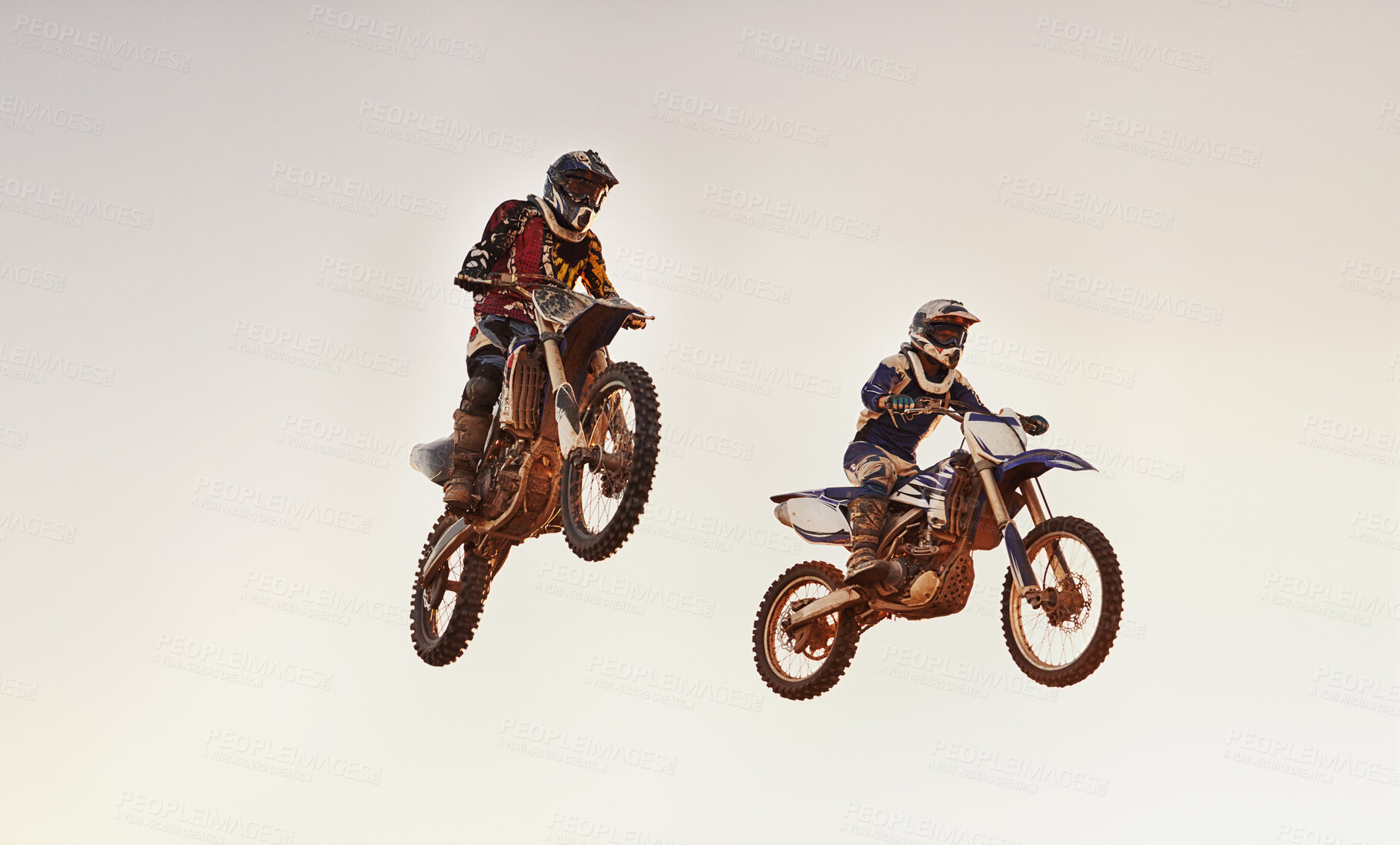 Buy stock photo Jump, race and men on dirt bike with adventure, adrenaline and speed in stunt competition, Extreme sport, trick and athlete on off road motorcycle for challenge, power or danger on action course.