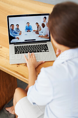 Buy stock photo Video call, laptop screen and people in online meeting, conference or virtual communication of business. Listening, discussion and team with woman talking on webinar or seminar on computer ux design