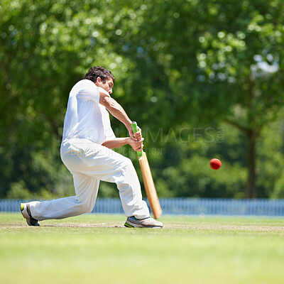 Buy stock photo Cricket player on pitch, adolescent boy with bat and ball, team sports with fitness, health and active people outdoor. Competition, action and teenage male athlete play game field with sport